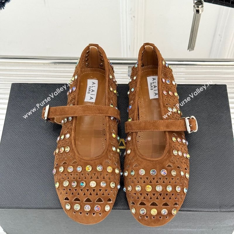 Alaia Ballet Flats in Openwork Suede with Eyelet with Strass Camel 2025 AL102910 (MD-251029145)