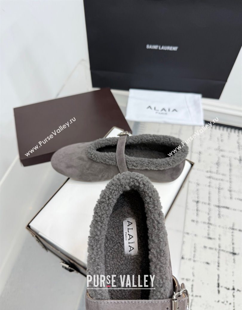 Alaia Ballet Flats in Suede and Shearling Dark Grey 2025 AL102901 (KER-251029099)
