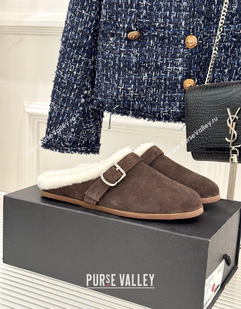Alaia Suede and Wool Flat Mules with Buckle Dark Brown 2025 AL102912 (MD-251029153)