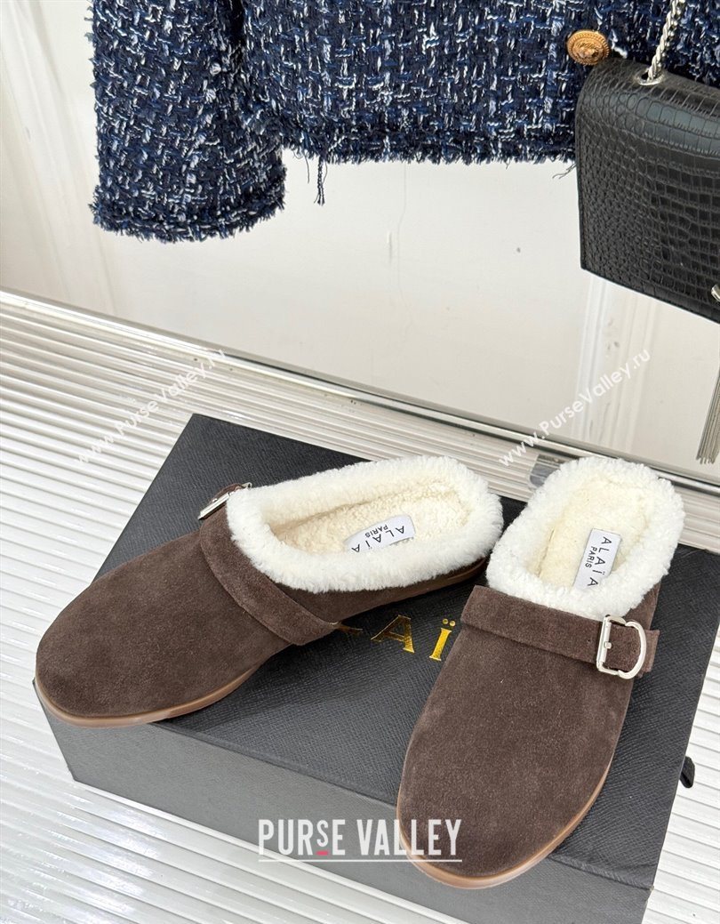 Alaia Suede and Wool Flat Mules with Buckle Dark Brown 2025 AL102912 (MD-251029153)