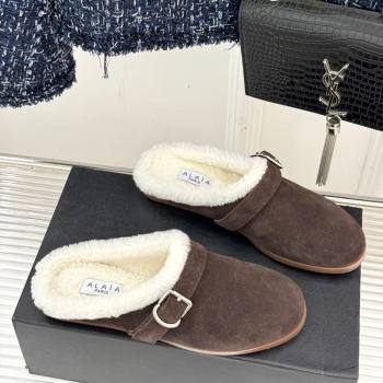Alaia Suede and Wool Flat Mules with Buckle Dark Brown 2025 AL102912 (MD-251029153)