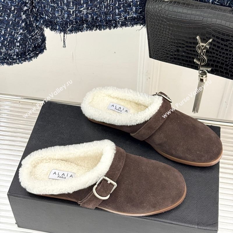 Alaia Suede and Wool Flat Mules with Buckle Dark Brown 2025 AL102912 (MD-251029153)