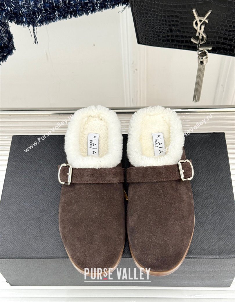 Alaia Suede and Wool Flat Mules with Buckle Dark Brown 2025 AL102912 (MD-251029153)