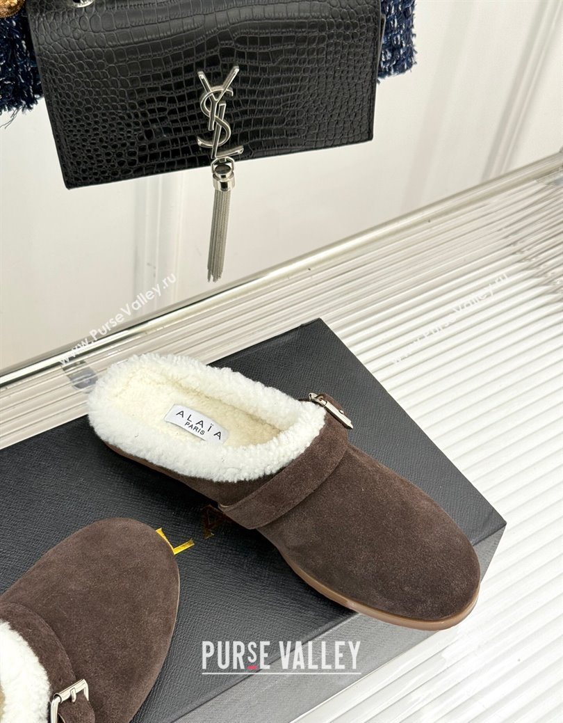 Alaia Suede and Wool Flat Mules with Buckle Dark Brown 2025 AL102912 (MD-251029153)