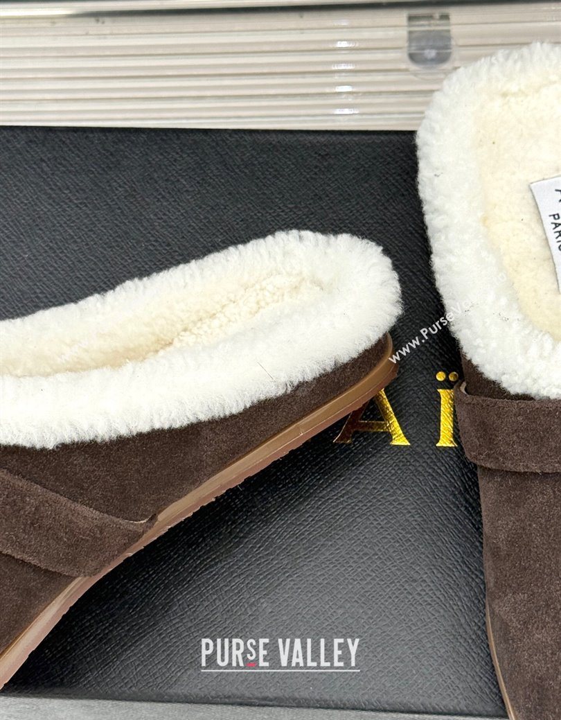 Alaia Suede and Wool Flat Mules with Buckle Dark Brown 2025 AL102912 (MD-251029153)