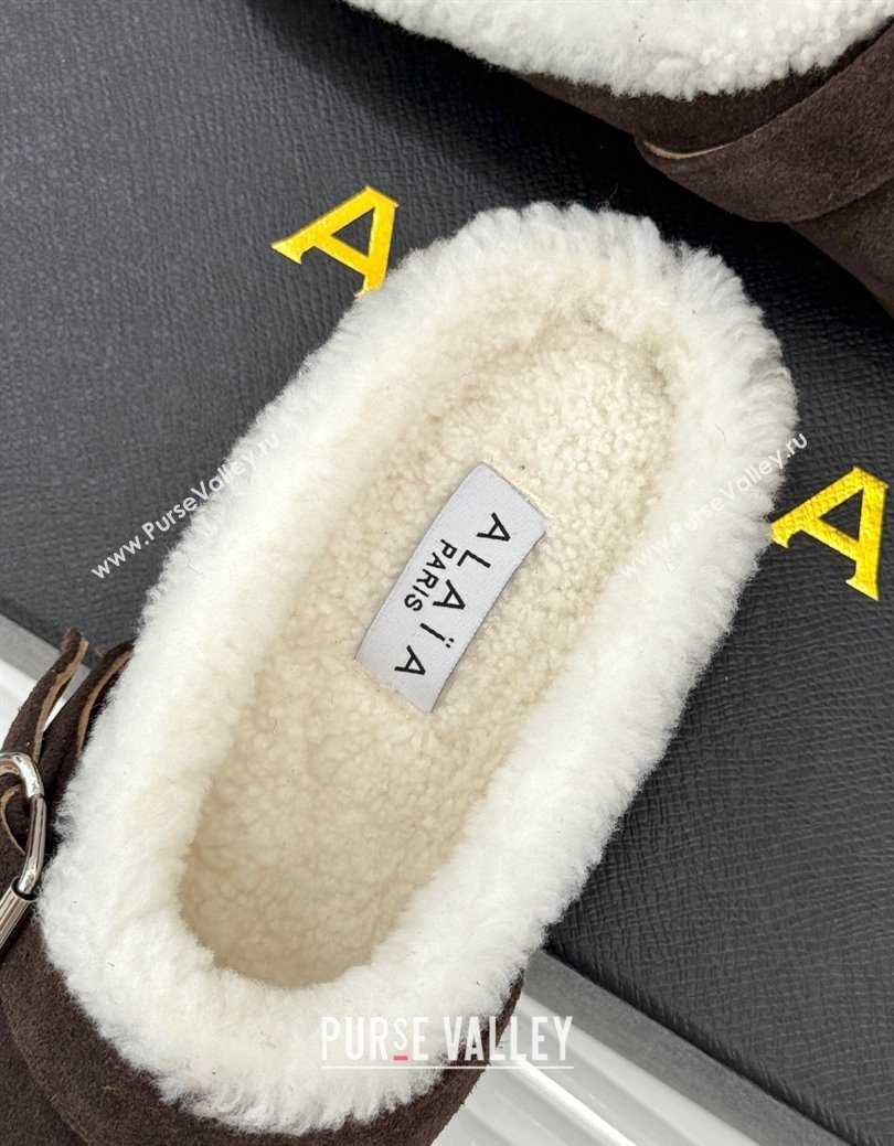 Alaia Suede and Wool Flat Mules with Buckle Dark Brown 2025 AL102912 (MD-251029153)