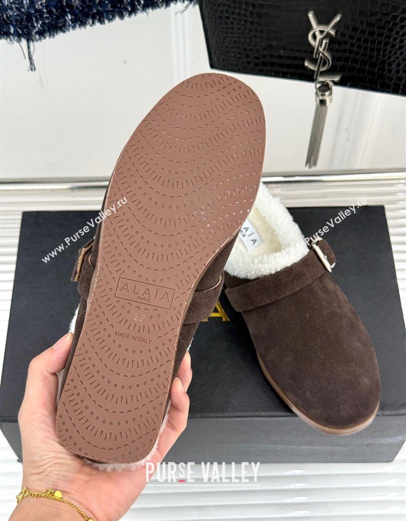 Alaia Suede and Wool Flat Mules with Buckle Dark Brown 2025 AL102912 (MD-251029153)