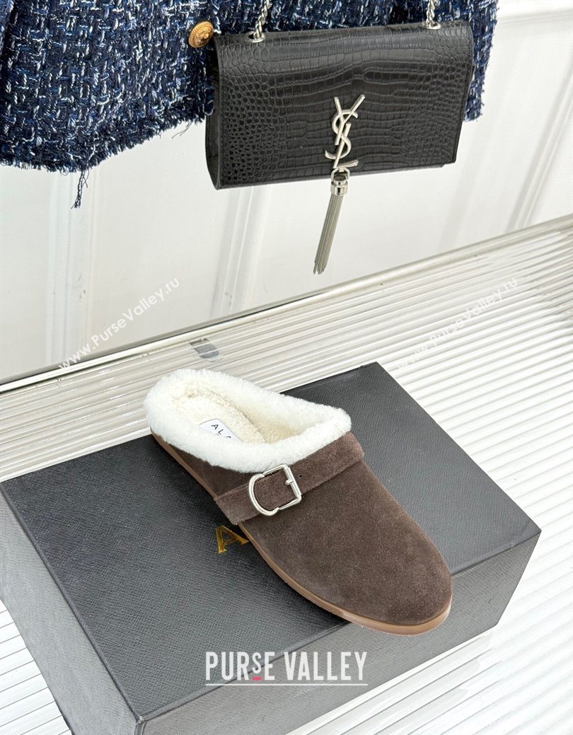 Alaia Suede and Wool Flat Mules with Buckle Dark Brown 2025 AL102912 (MD-251029153)