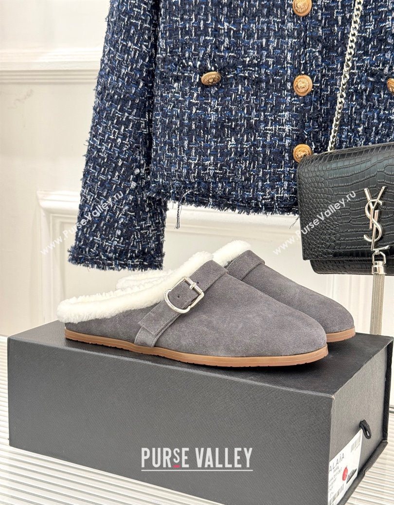 Alaia Suede and Wool Flat Mules with Buckle Dark Grey 2025 AL102912 (MD-251029154)