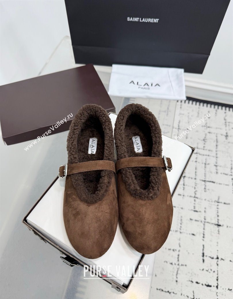 Alaia Ballet Flats in Suede and Shearling Dark Brown 2025 AL102901 (KER-251029100)