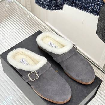 Alaia Suede and Wool Flat Mules with Buckle Dark Grey 2025 AL102912 (MD-251029154)