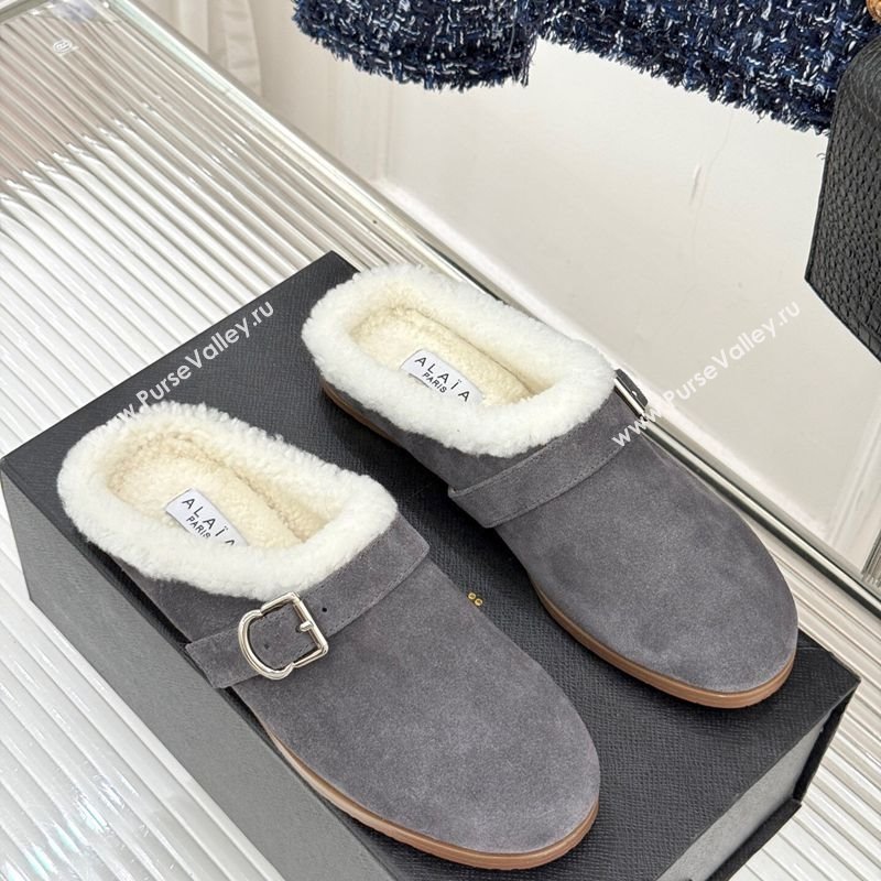 Alaia Suede and Wool Flat Mules with Buckle Dark Grey 2025 AL102912 (MD-251029154)