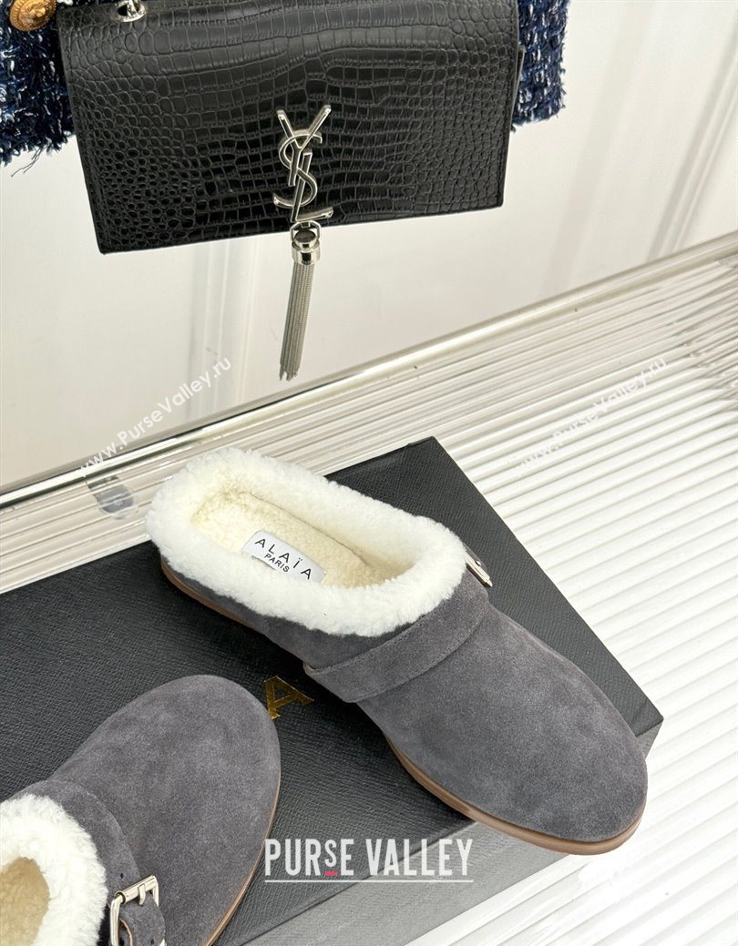 Alaia Suede and Wool Flat Mules with Buckle Dark Grey 2025 AL102912 (MD-251029154)