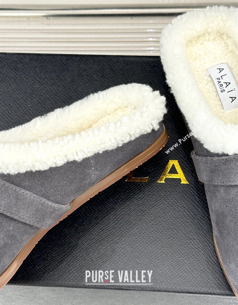 Alaia Suede and Wool Flat Mules with Buckle Dark Grey 2025 AL102912 (MD-251029154)