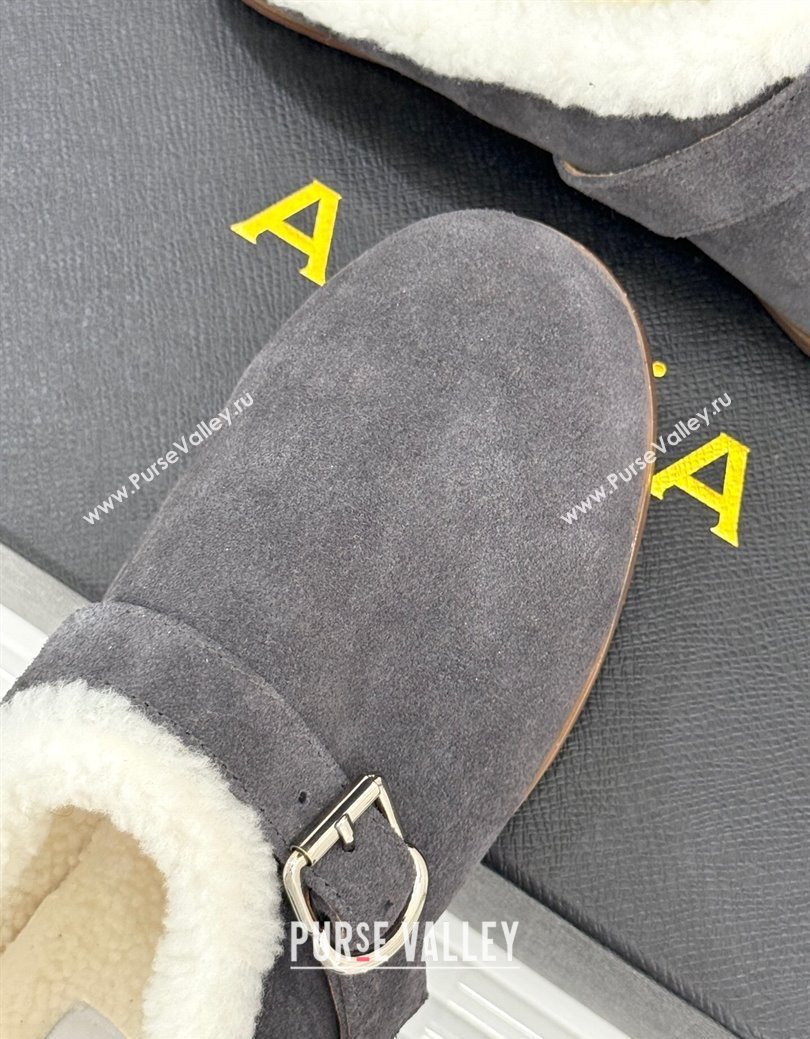 Alaia Suede and Wool Flat Mules with Buckle Dark Grey 2025 AL102912 (MD-251029154)