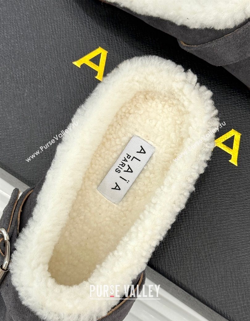 Alaia Suede and Wool Flat Mules with Buckle Dark Grey 2025 AL102912 (MD-251029154)