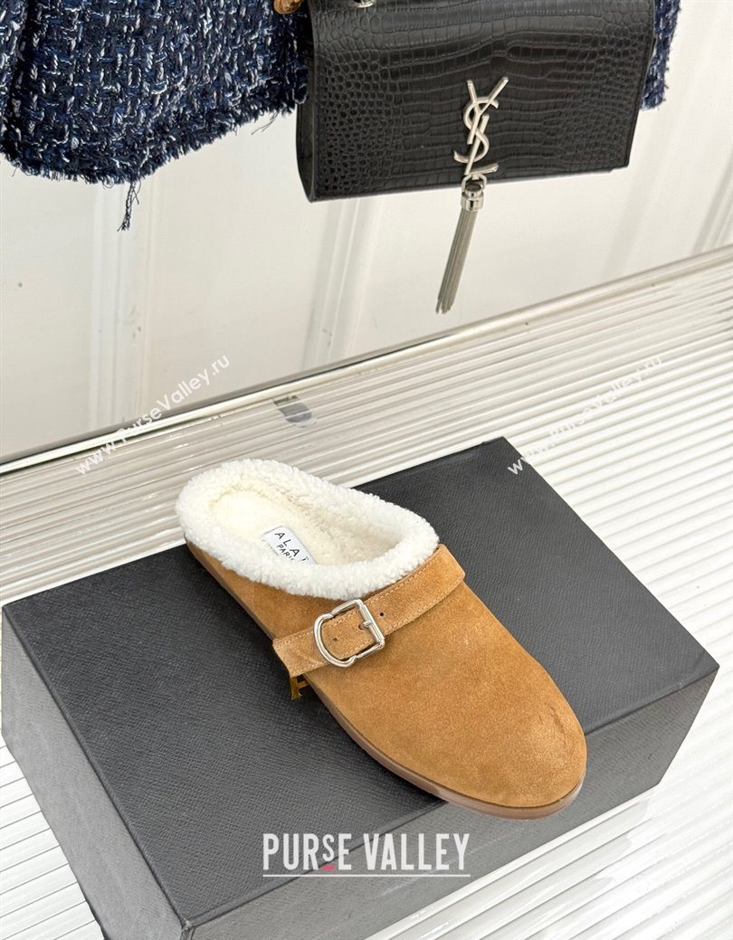 Alaia Suede and Wool Flat Mules with Buckle Light Brown 2025 AL102912 (MD-251029155)