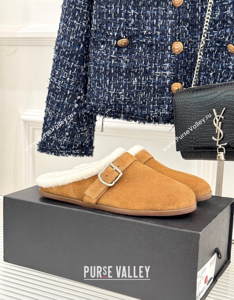 Alaia Suede and Wool Flat Mules with Buckle Light Brown 2025 AL102912 (MD-251029155)