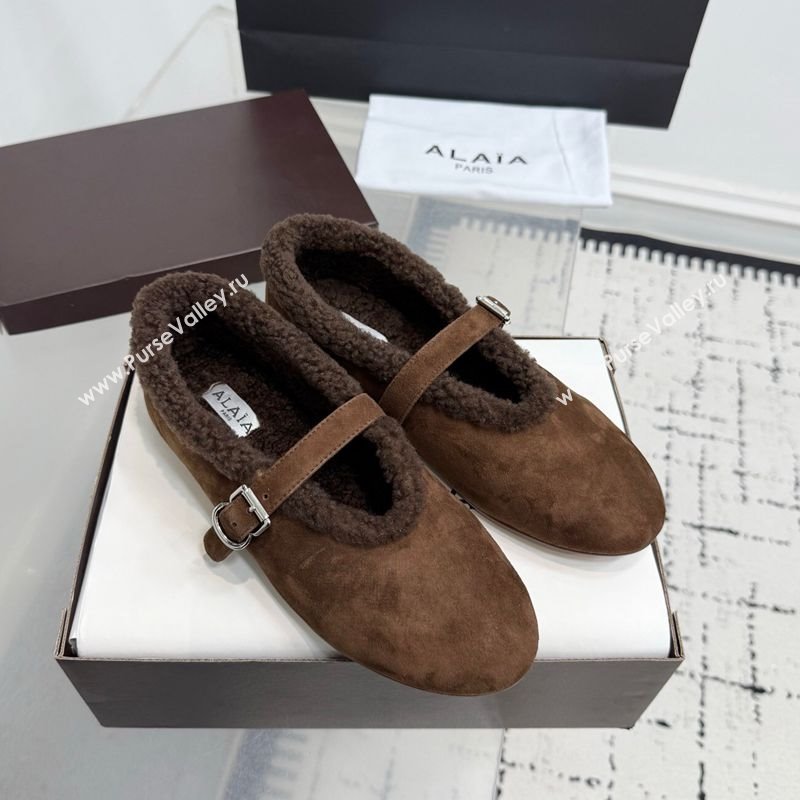 Alaia Ballet Flats in Suede and Shearling Dark Brown 2025 AL102901 (KER-251029100)