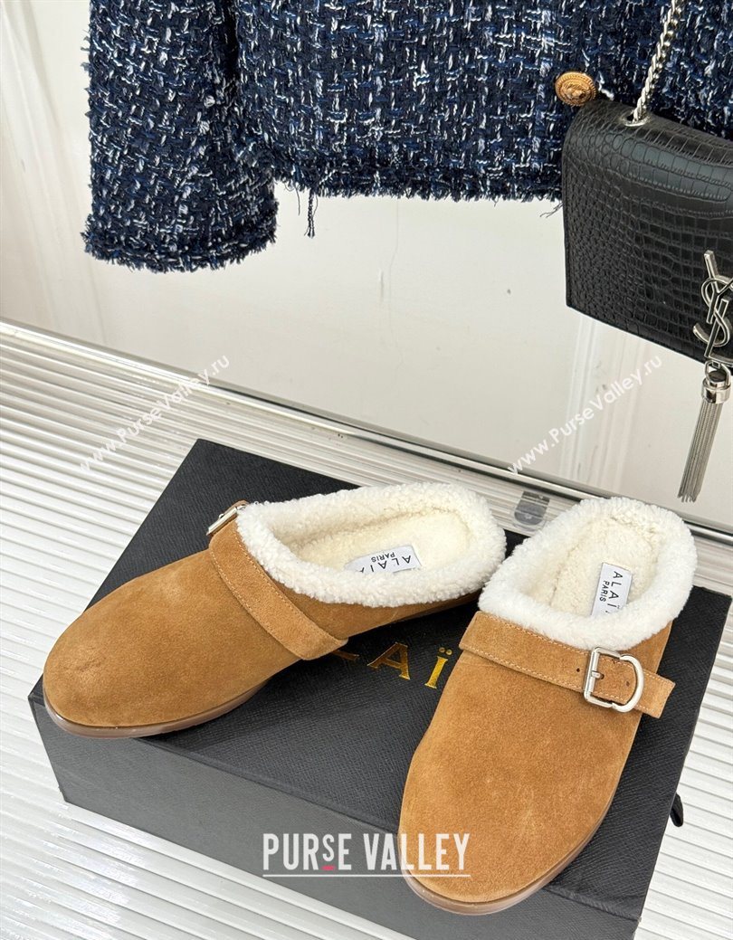 Alaia Suede and Wool Flat Mules with Buckle Light Brown 2025 AL102912 (MD-251029155)