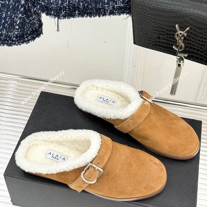 Alaia Suede and Wool Flat Mules with Buckle Light Brown 2025 AL102912 (MD-251029155)