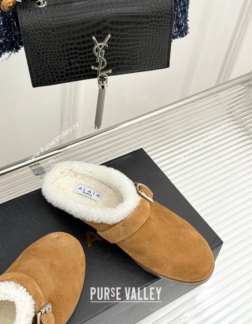 Alaia Suede and Wool Flat Mules with Buckle Light Brown 2025 AL102912 (MD-251029155)