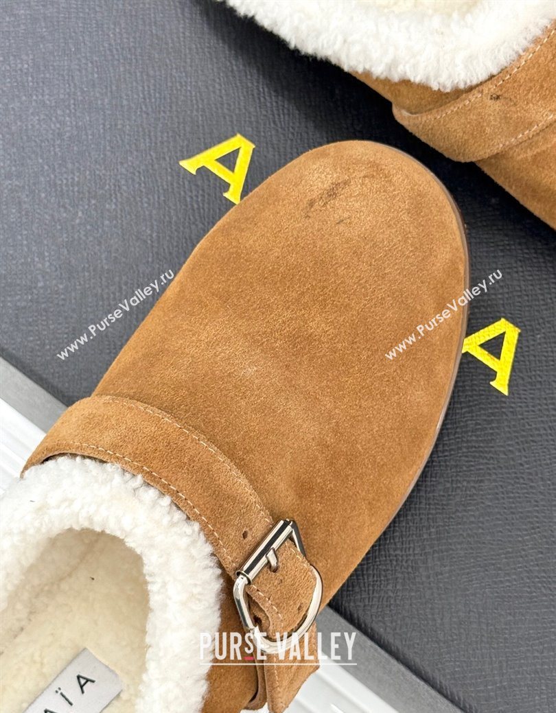 Alaia Suede and Wool Flat Mules with Buckle Light Brown 2025 AL102912 (MD-251029155)