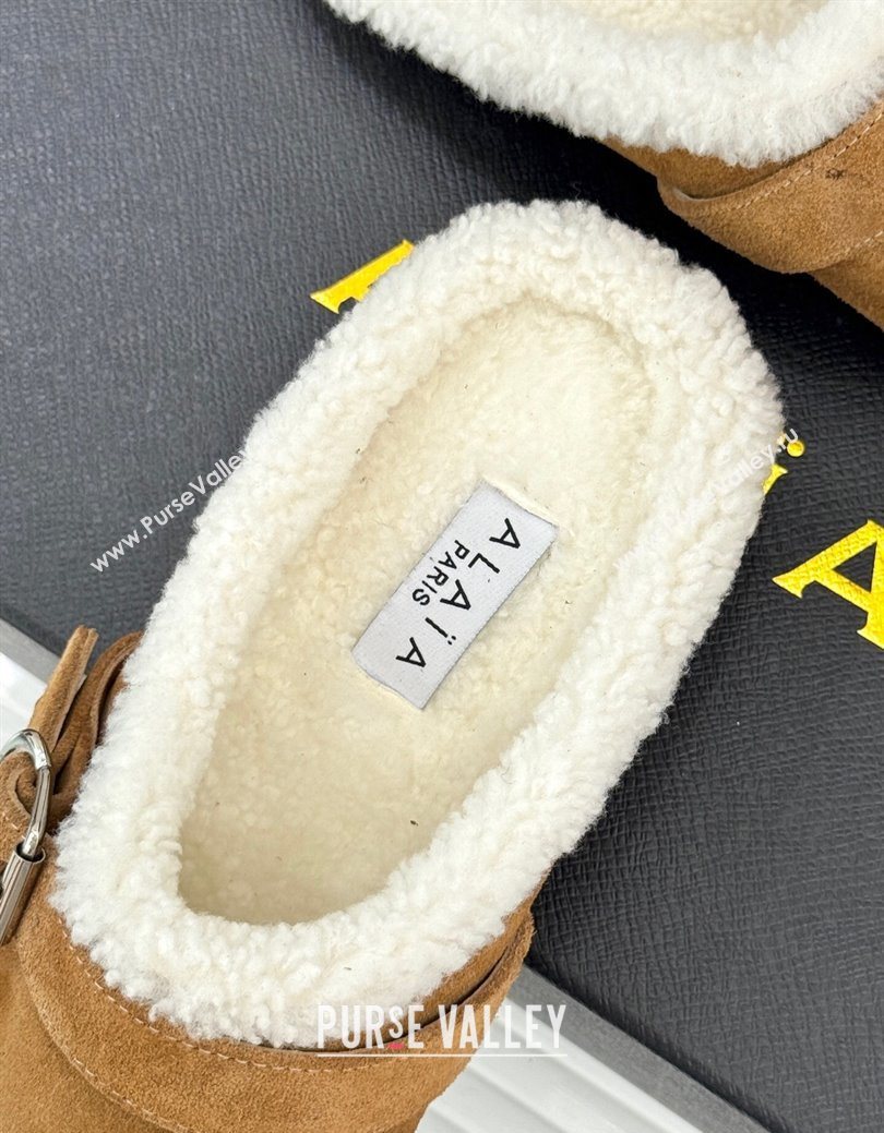 Alaia Suede and Wool Flat Mules with Buckle Light Brown 2025 AL102912 (MD-251029155)