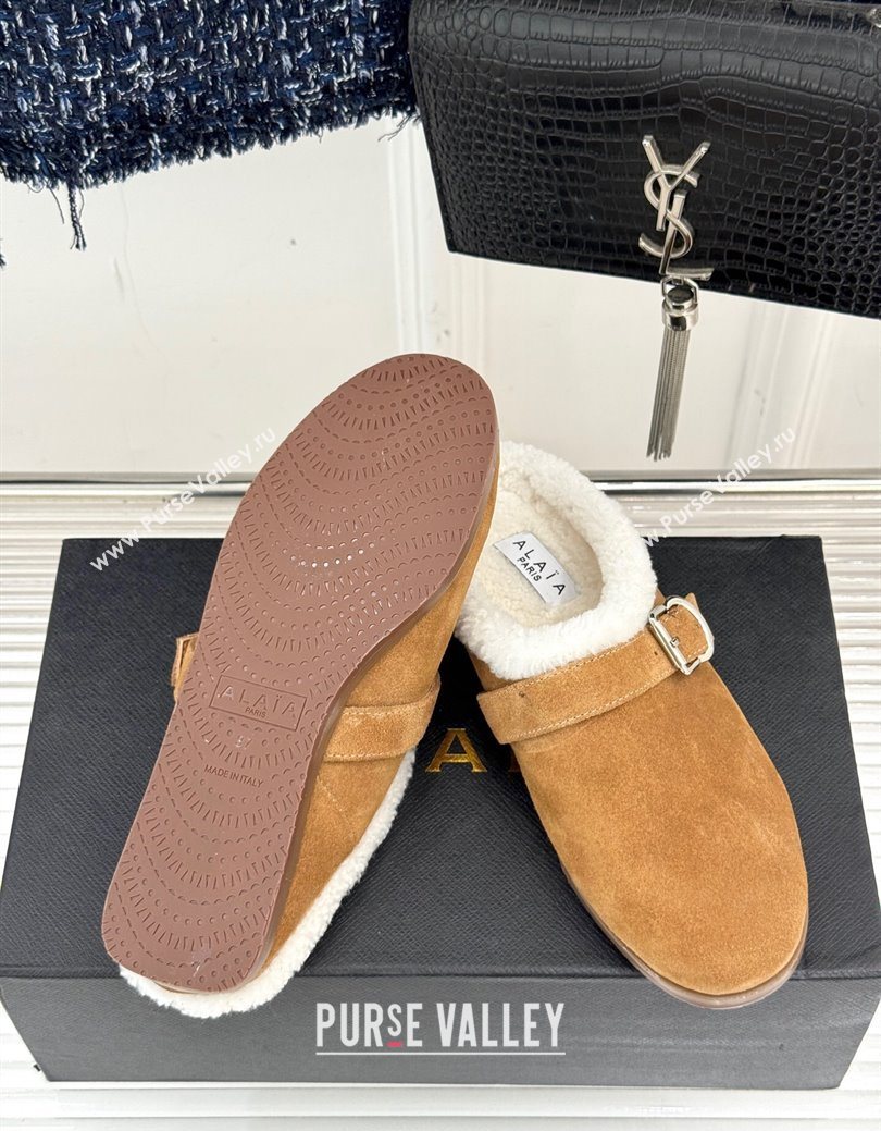 Alaia Suede and Wool Flat Mules with Buckle Light Brown 2025 AL102912 (MD-251029155)