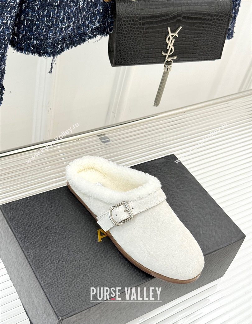 Alaia Suede and Wool Flat Mules with Buckle White 2025 AL102912 (MD-251029156)