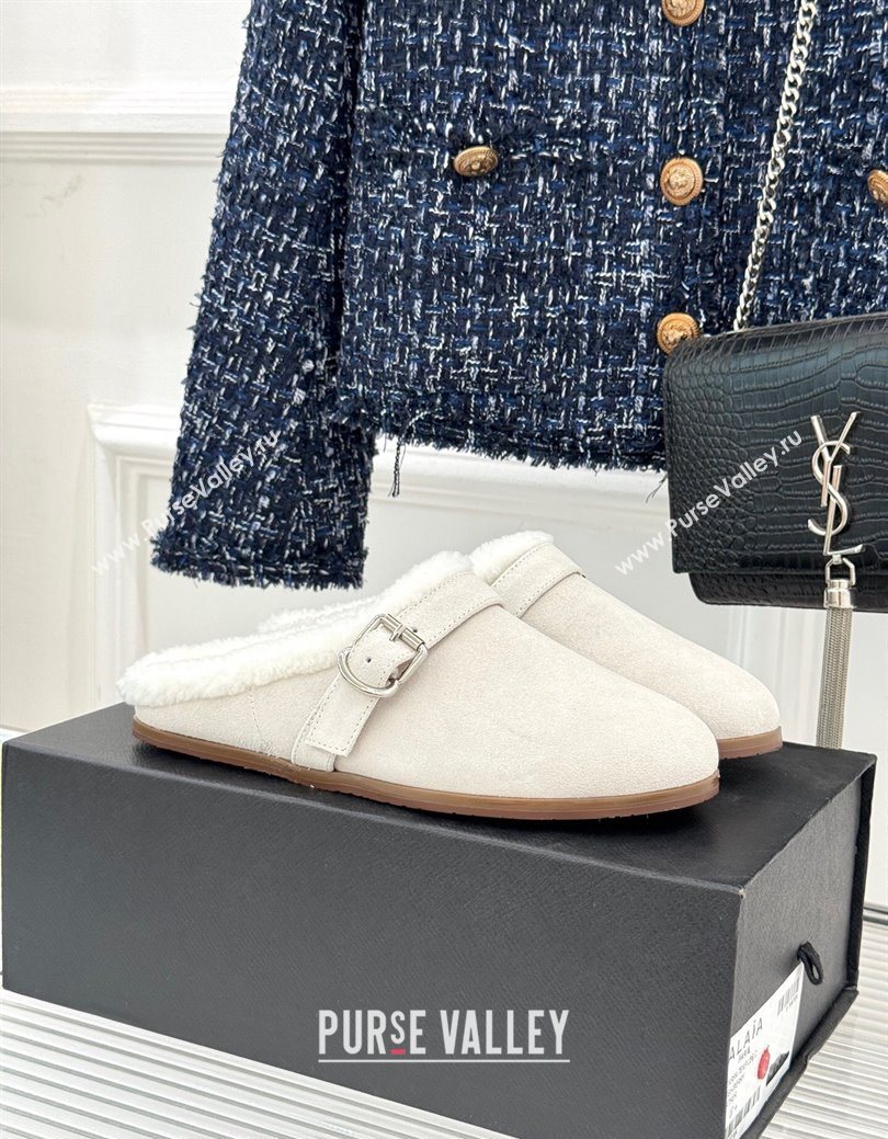 Alaia Suede and Wool Flat Mules with Buckle White 2025 AL102912 (MD-251029156)
