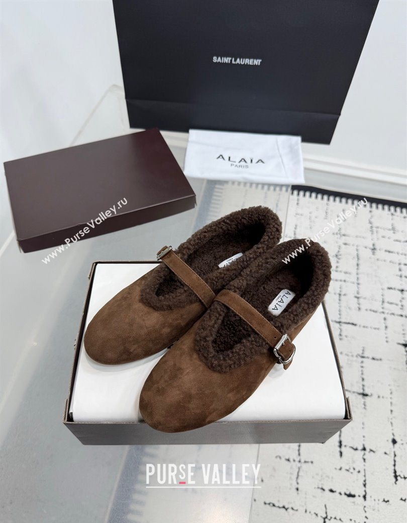 Alaia Ballet Flats in Suede and Shearling Dark Brown 2025 AL102901 (KER-251029100)