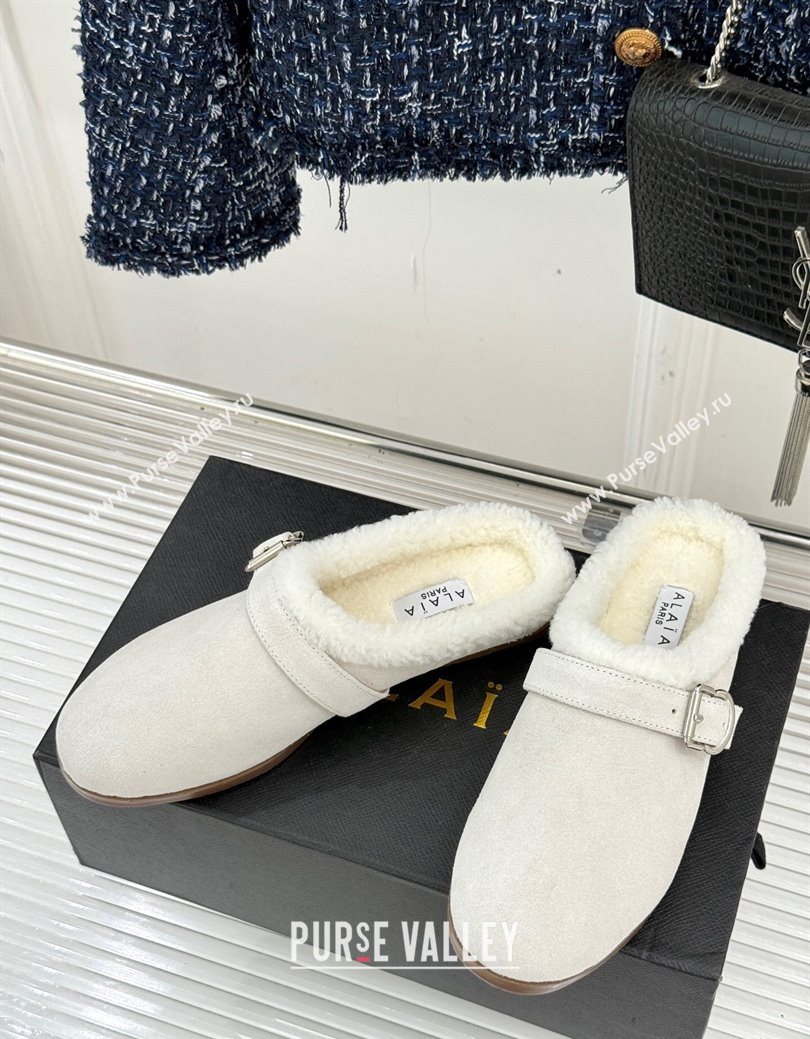 Alaia Suede and Wool Flat Mules with Buckle White 2025 AL102912 (MD-251029156)