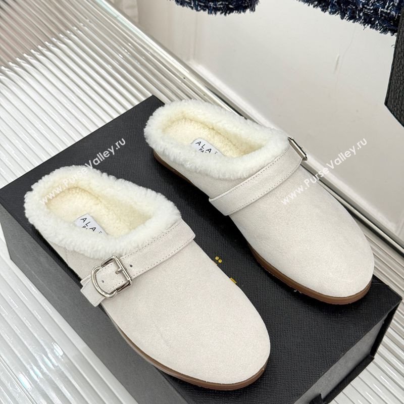Alaia Suede and Wool Flat Mules with Buckle White 2025 AL102912 (MD-251029156)