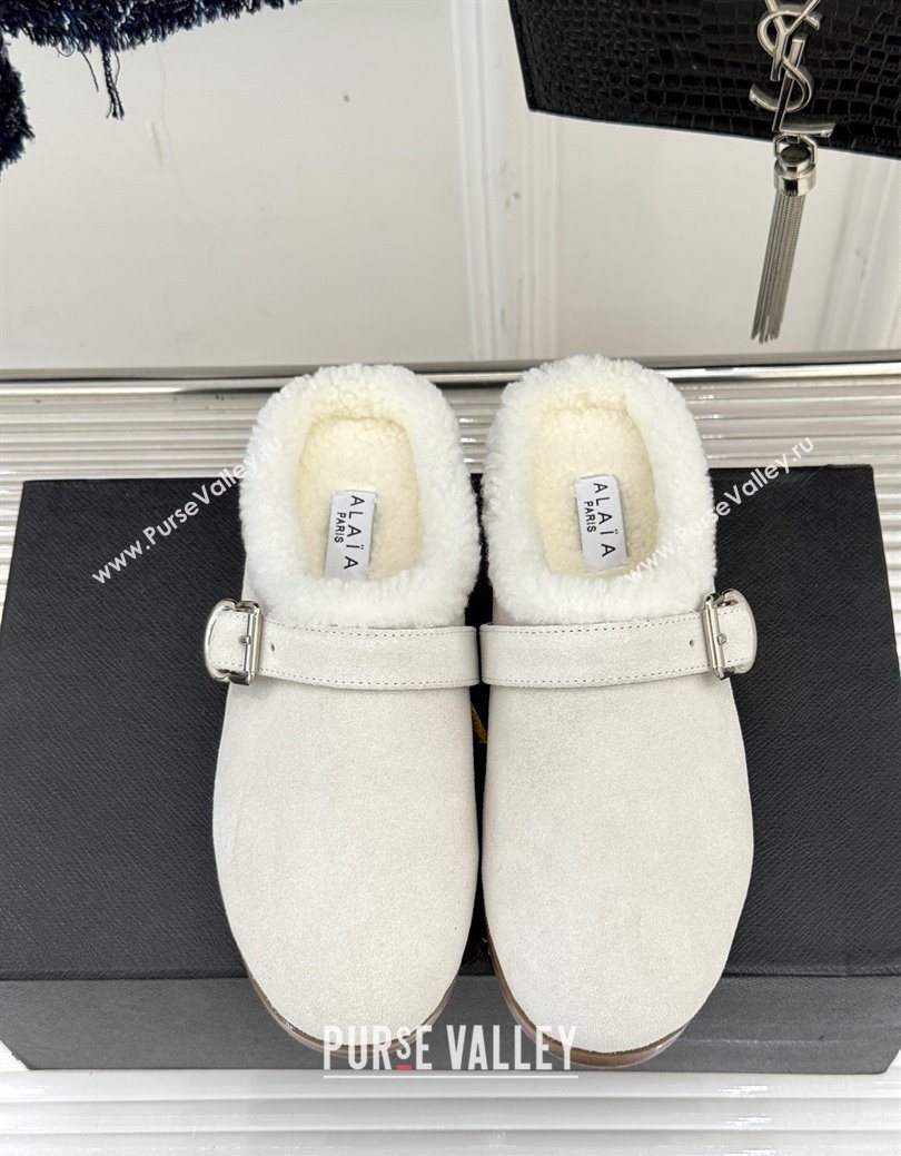 Alaia Suede and Wool Flat Mules with Buckle White 2025 AL102912 (MD-251029156)
