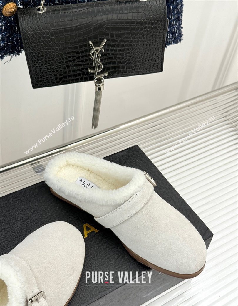 Alaia Suede and Wool Flat Mules with Buckle White 2025 AL102912 (MD-251029156)