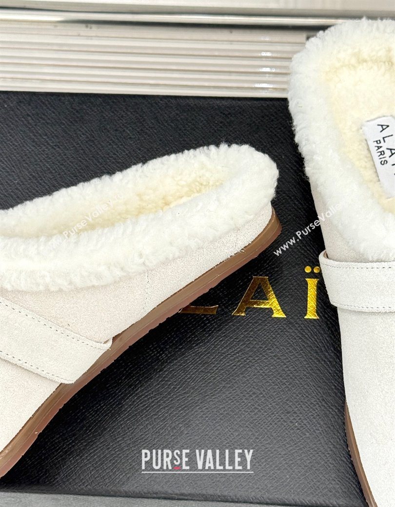 Alaia Suede and Wool Flat Mules with Buckle White 2025 AL102912 (MD-251029156)