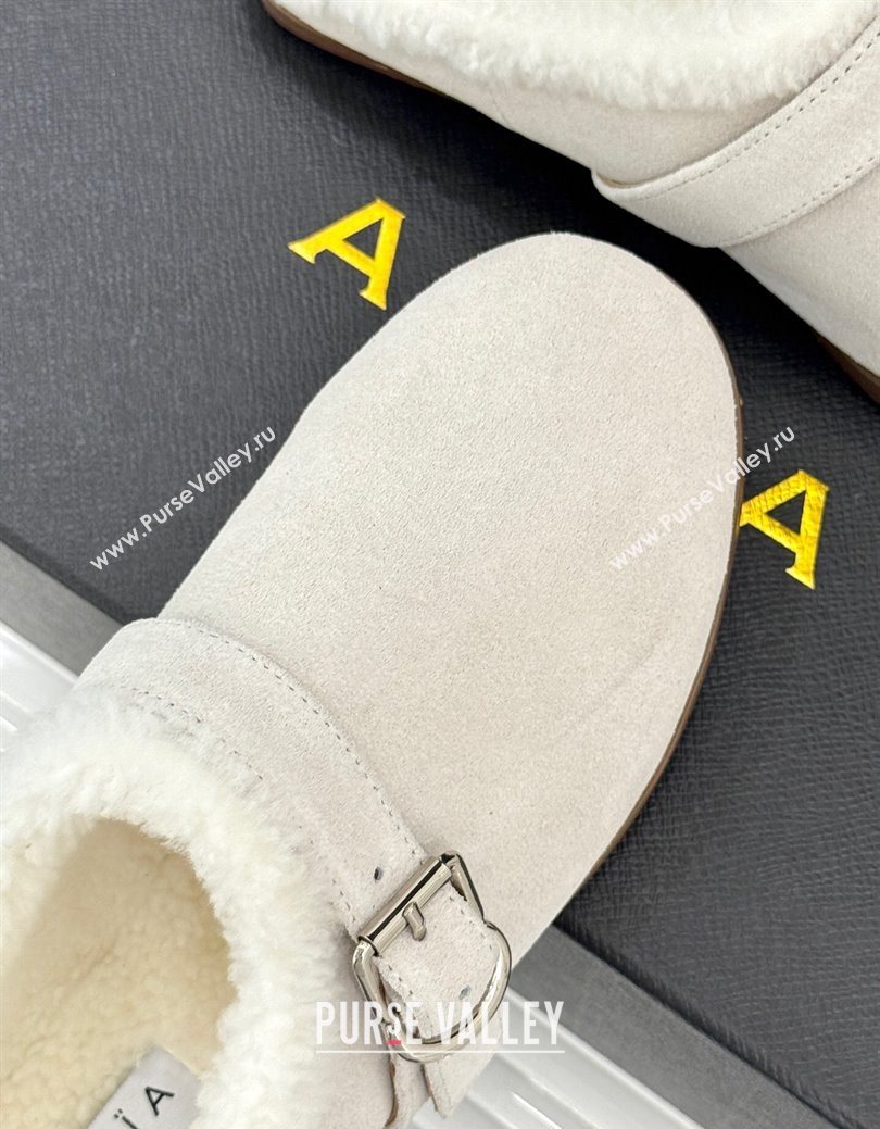 Alaia Suede and Wool Flat Mules with Buckle White 2025 AL102912 (MD-251029156)