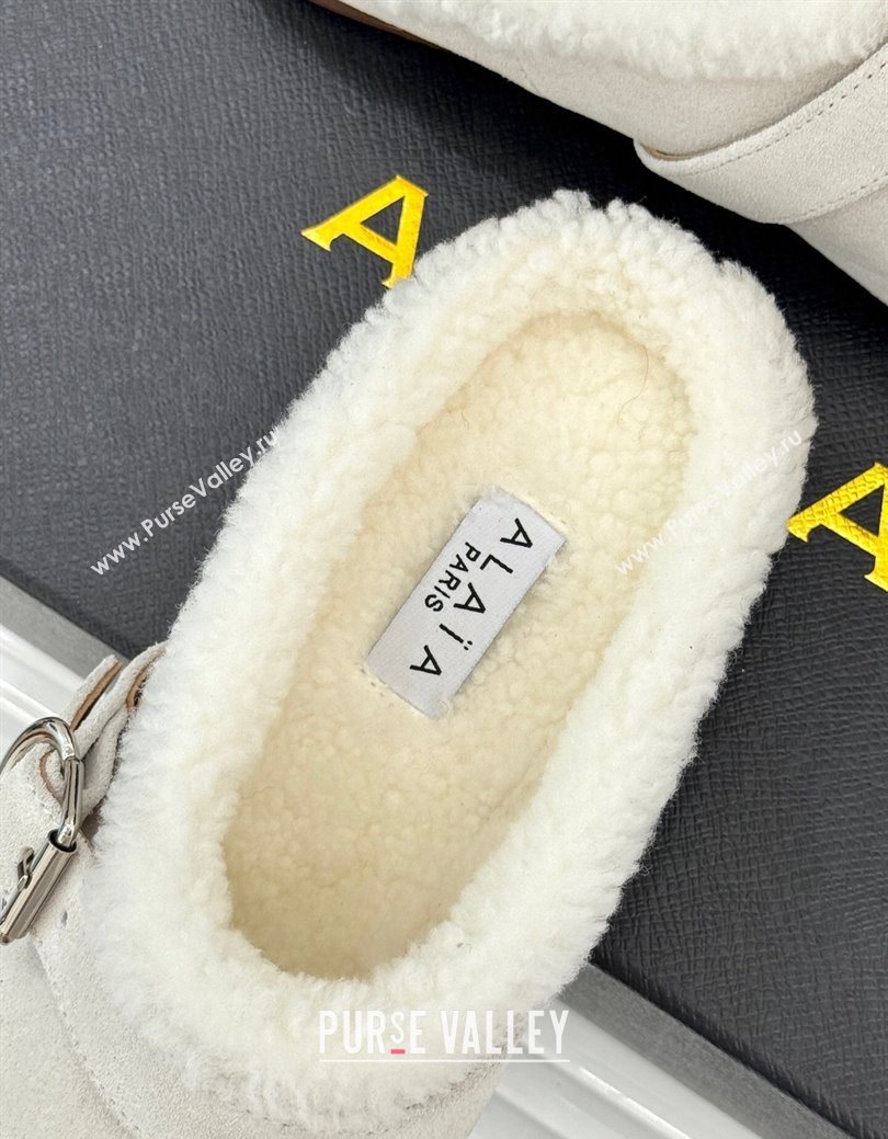 Alaia Suede and Wool Flat Mules with Buckle White 2025 AL102912 (MD-251029156)