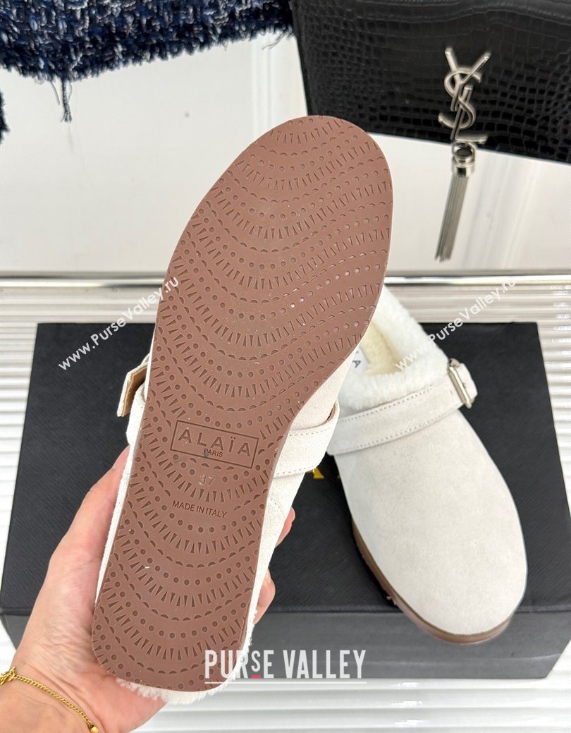 Alaia Suede and Wool Flat Mules with Buckle White 2025 AL102912 (MD-251029156)