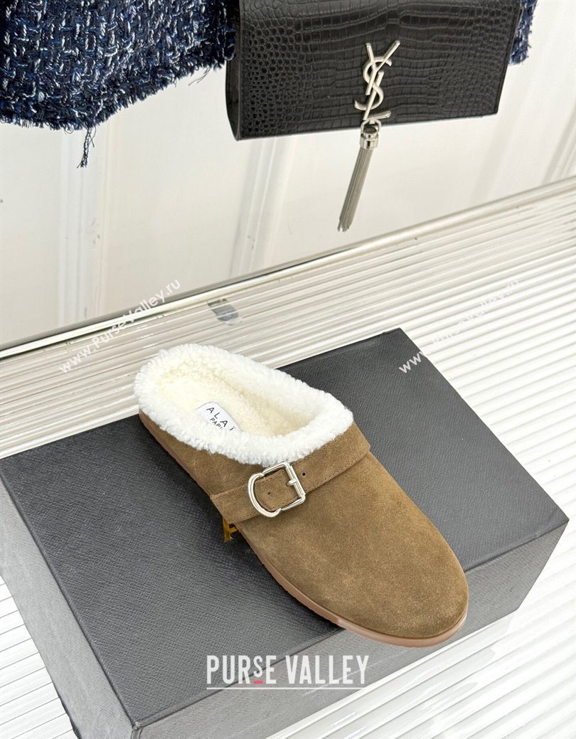 Alaia Suede and Wool Flat Mules with Buckle Taupe 2025 AL102912 (MD-251029157)