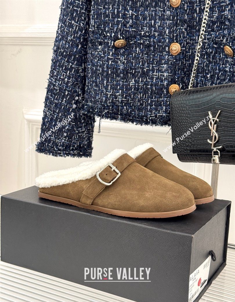 Alaia Suede and Wool Flat Mules with Buckle Taupe 2025 AL102912 (MD-251029157)