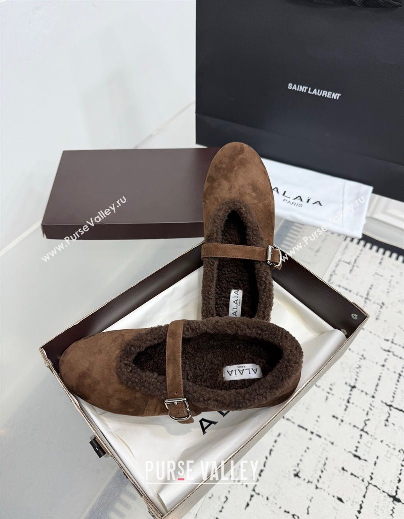 Alaia Ballet Flats in Suede and Shearling Dark Brown 2025 AL102901 (KER-251029100)