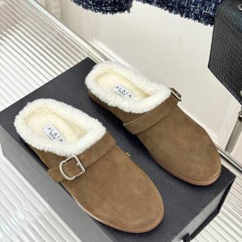 Alaia Suede and Wool Flat Mules with Buckle Taupe 2025 AL102912 (MD-251029157)