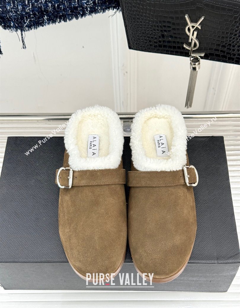 Alaia Suede and Wool Flat Mules with Buckle Taupe 2025 AL102912 (MD-251029157)