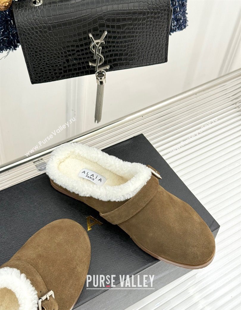 Alaia Suede and Wool Flat Mules with Buckle Taupe 2025 AL102912 (MD-251029157)