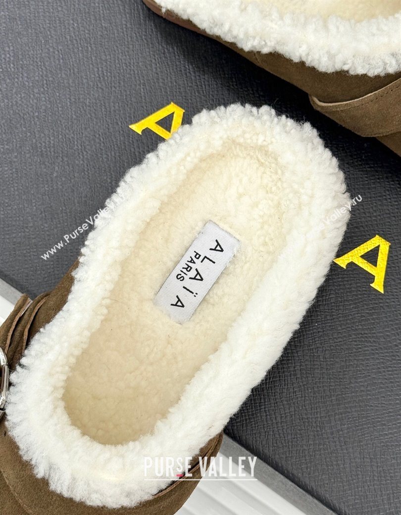 Alaia Suede and Wool Flat Mules with Buckle Taupe 2025 AL102912 (MD-251029157)