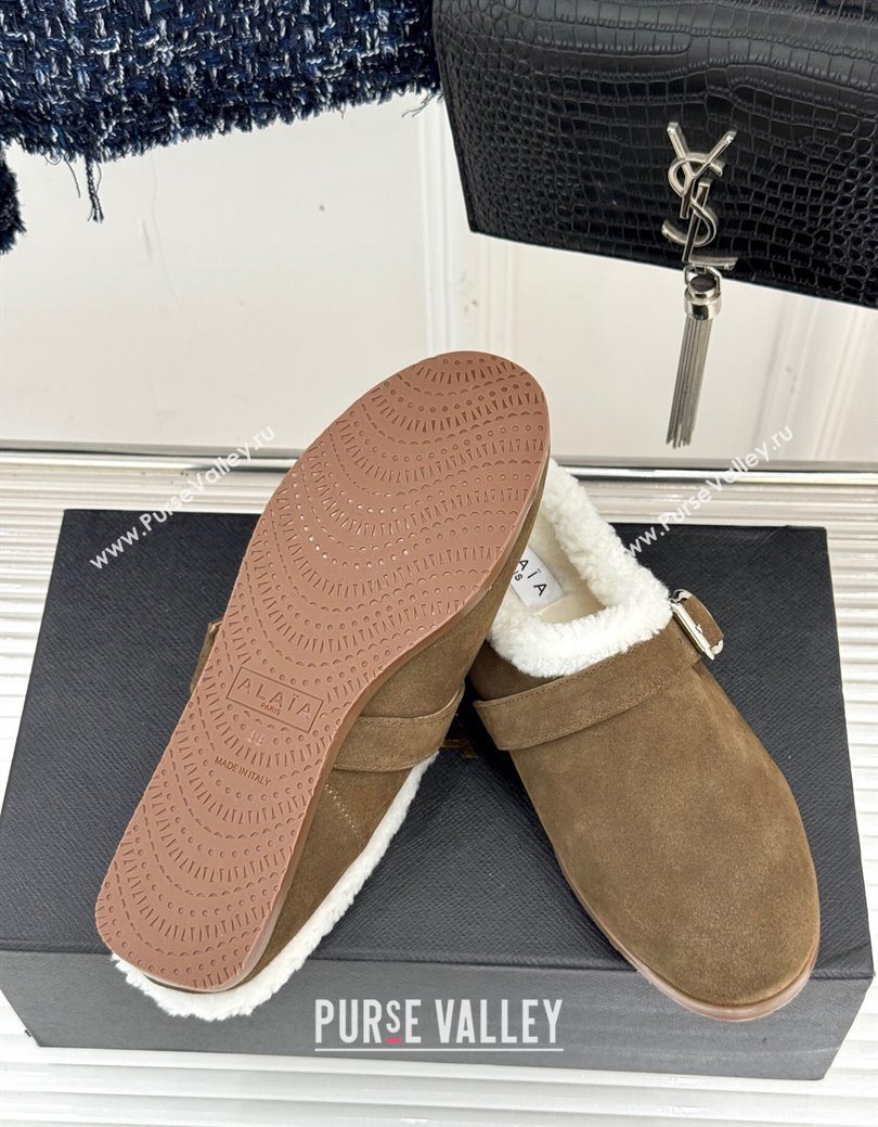 Alaia Suede and Wool Flat Mules with Buckle Taupe 2025 AL102912 (MD-251029157)