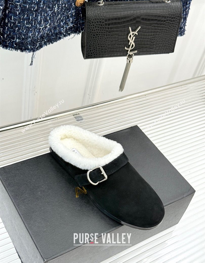 Alaia Suede and Wool Flat Mules with Buckle Black 2025 AL102912 (MD-251029158)