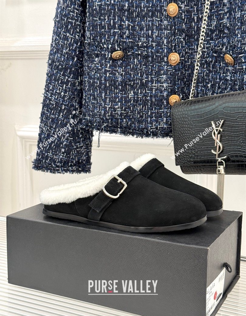 Alaia Suede and Wool Flat Mules with Buckle Black 2025 AL102912 (MD-251029158)